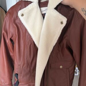 Cream and Brown Leather Jacket with Stylish Collar